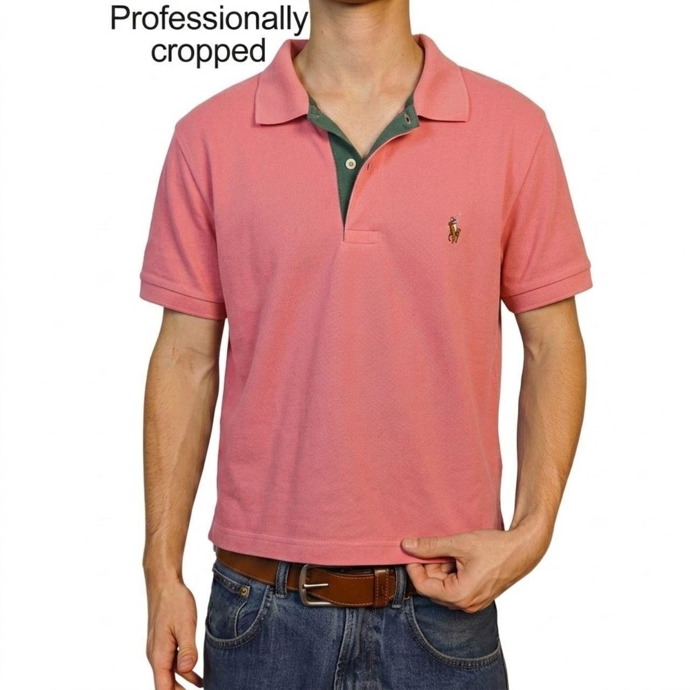 Professionally cropped pink Ralph Lauren polo shirt.
